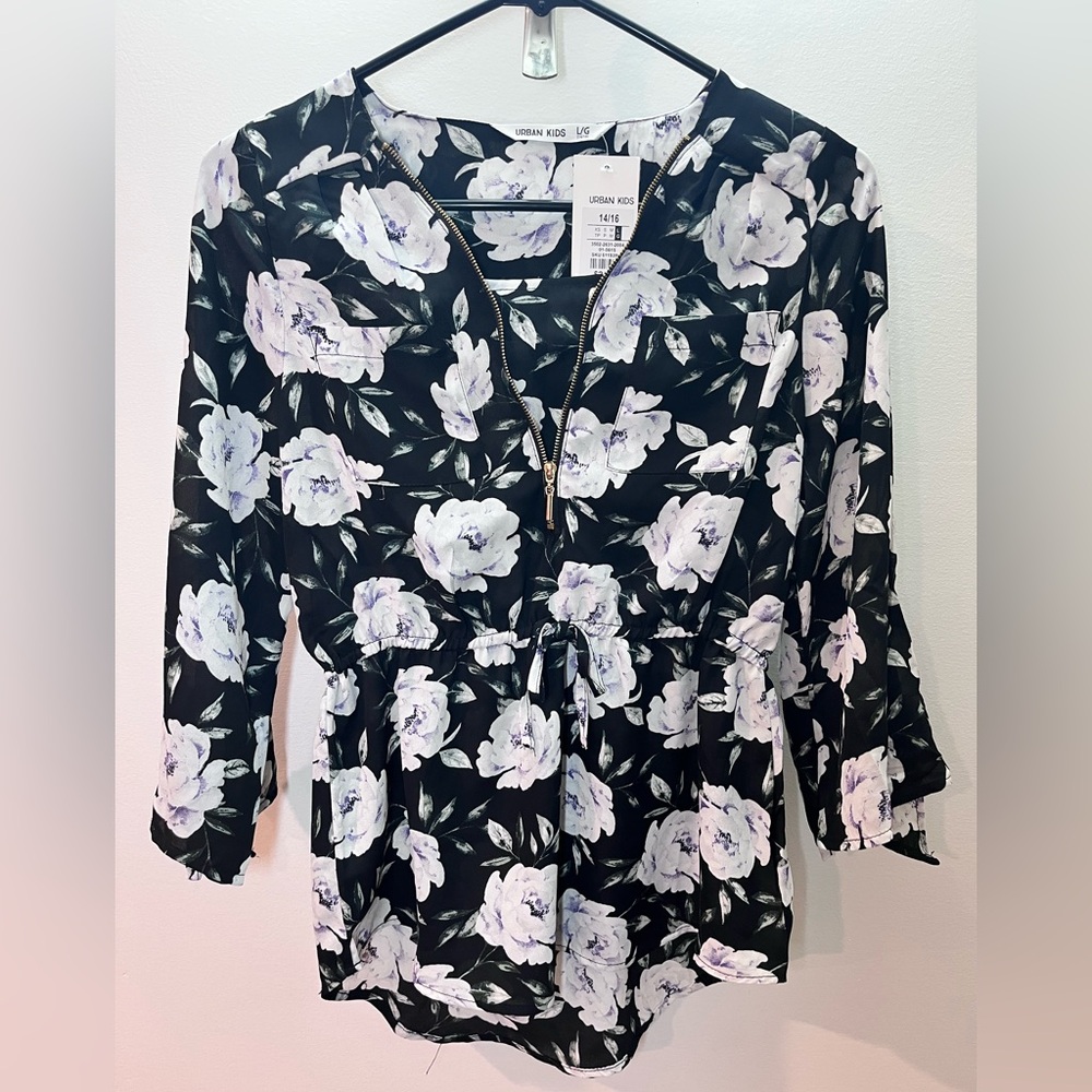 NWT Urban Kids Floral Zip Front Blouse — Size 14/16 (L)